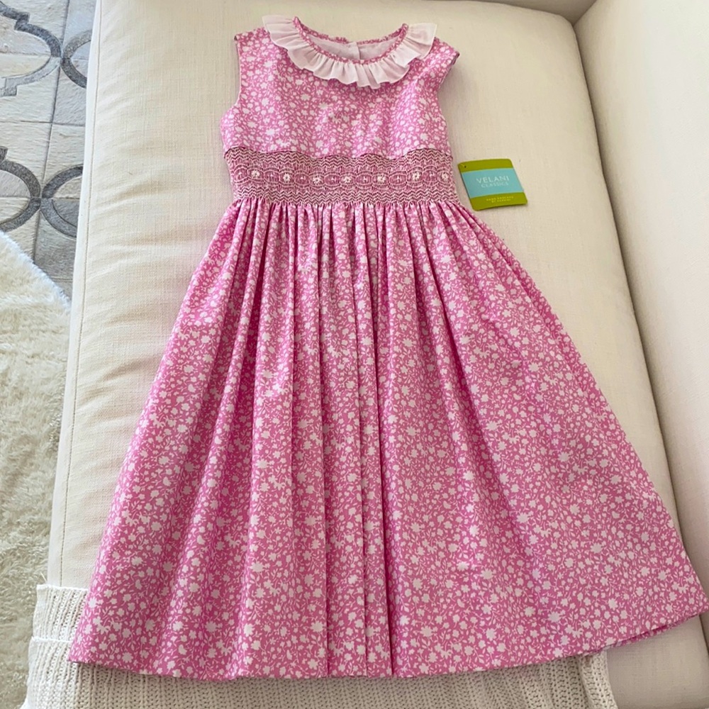 NEW Holiday Smocked floral dress-Velani Classics- Handmade Heirloom smoked Dress